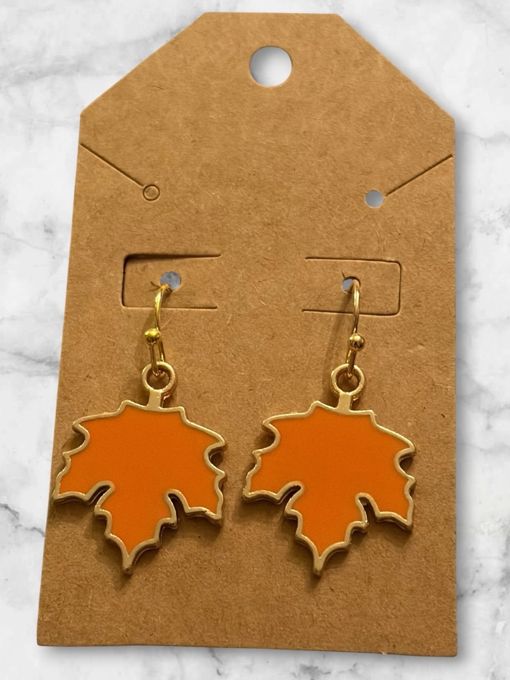 Orange Leaf Drop Earrings - Gold Trim